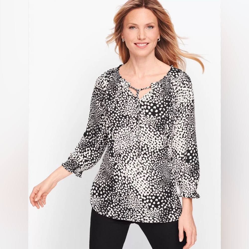 Talbots Abstract Clove Print Navy Blue And White Raglan Sleeve Blouse Si…